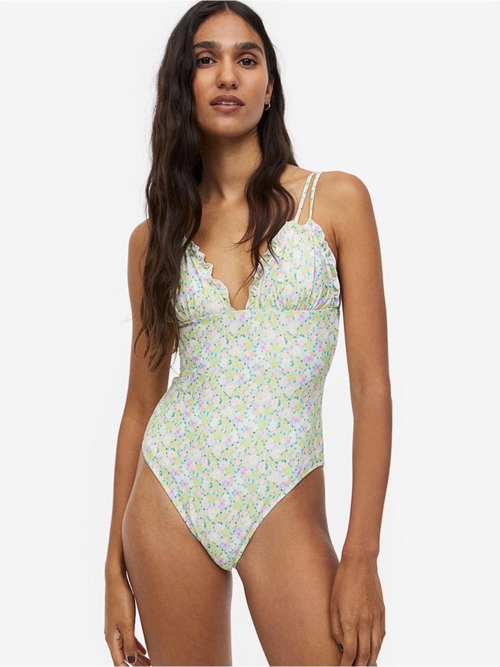 NEW H&M Light Green Floral High Leg Back Cut Out One Piece Swimsuit